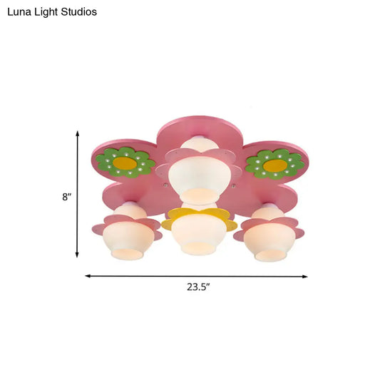 Handcrafted Wood Blossom Kids Flushmount Light With Pink Glass Shade - 4 - Light Ceiling Fixture