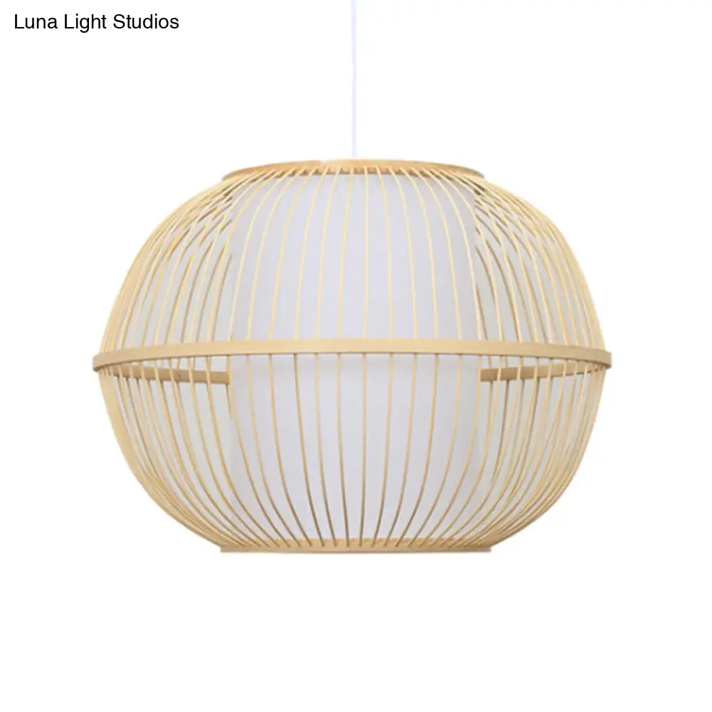 Handmade Asian Style Bamboo Hanging Light Fixture - 12/14 Width 1-Light Beige Suspended Lamp With