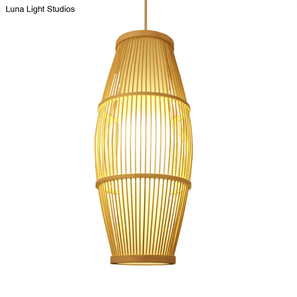 Handmade Bamboo Suspension Light: Asian Ellipse Shade For Restaurant Beige