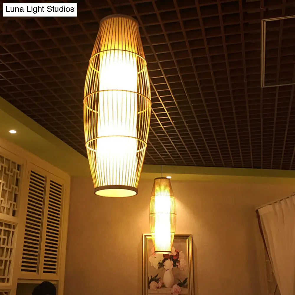 Handmade Bamboo Suspension Light: Asian Ellipse Shade For Restaurant Beige