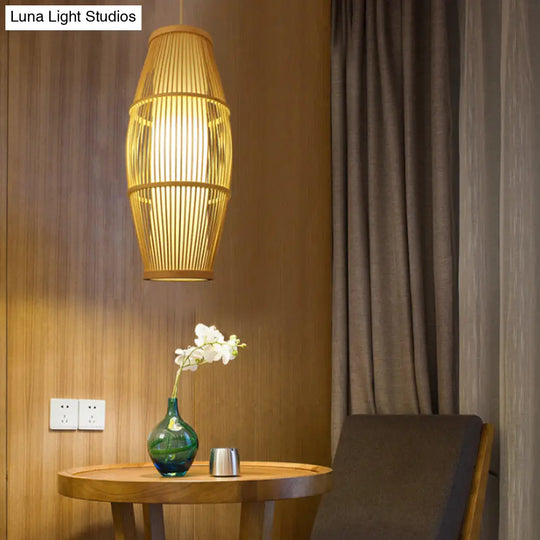 Handmade Bamboo Suspension Light: Asian Ellipse Shade For Restaurant Beige