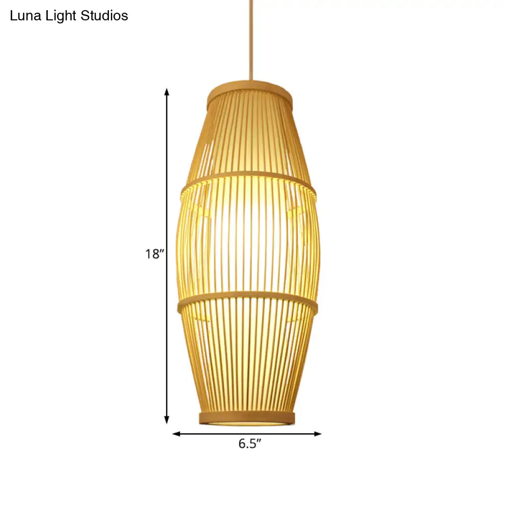 Handmade Bamboo Suspension Light: Asian Ellipse Shade For Restaurant Beige