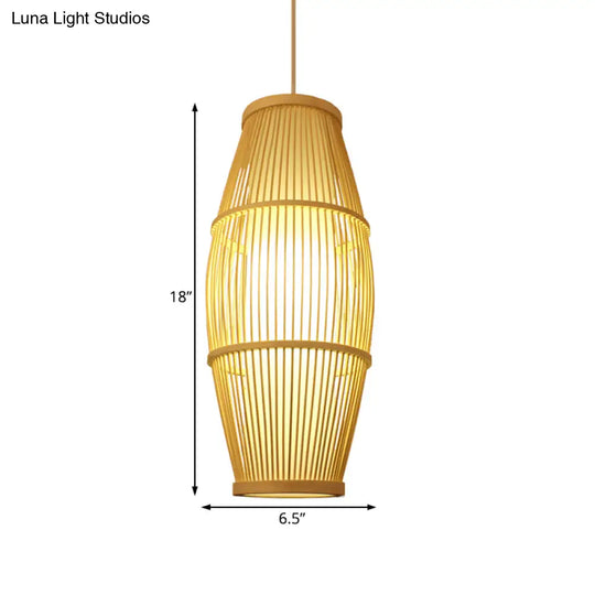 Handmade Bamboo Suspension Light: Asian Ellipse Shade For Restaurant Beige