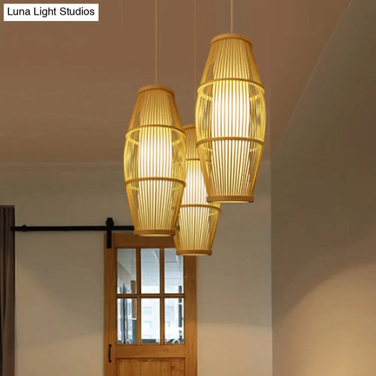 Handmade Bamboo Suspension Light: Asian Ellipse Shade For Restaurant Beige