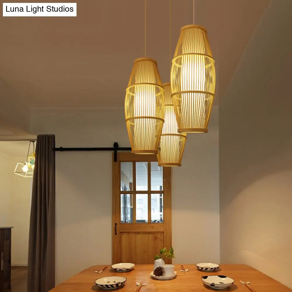 Handmade Bamboo Suspension Light: Asian Ellipse Shade For Restaurant Beige