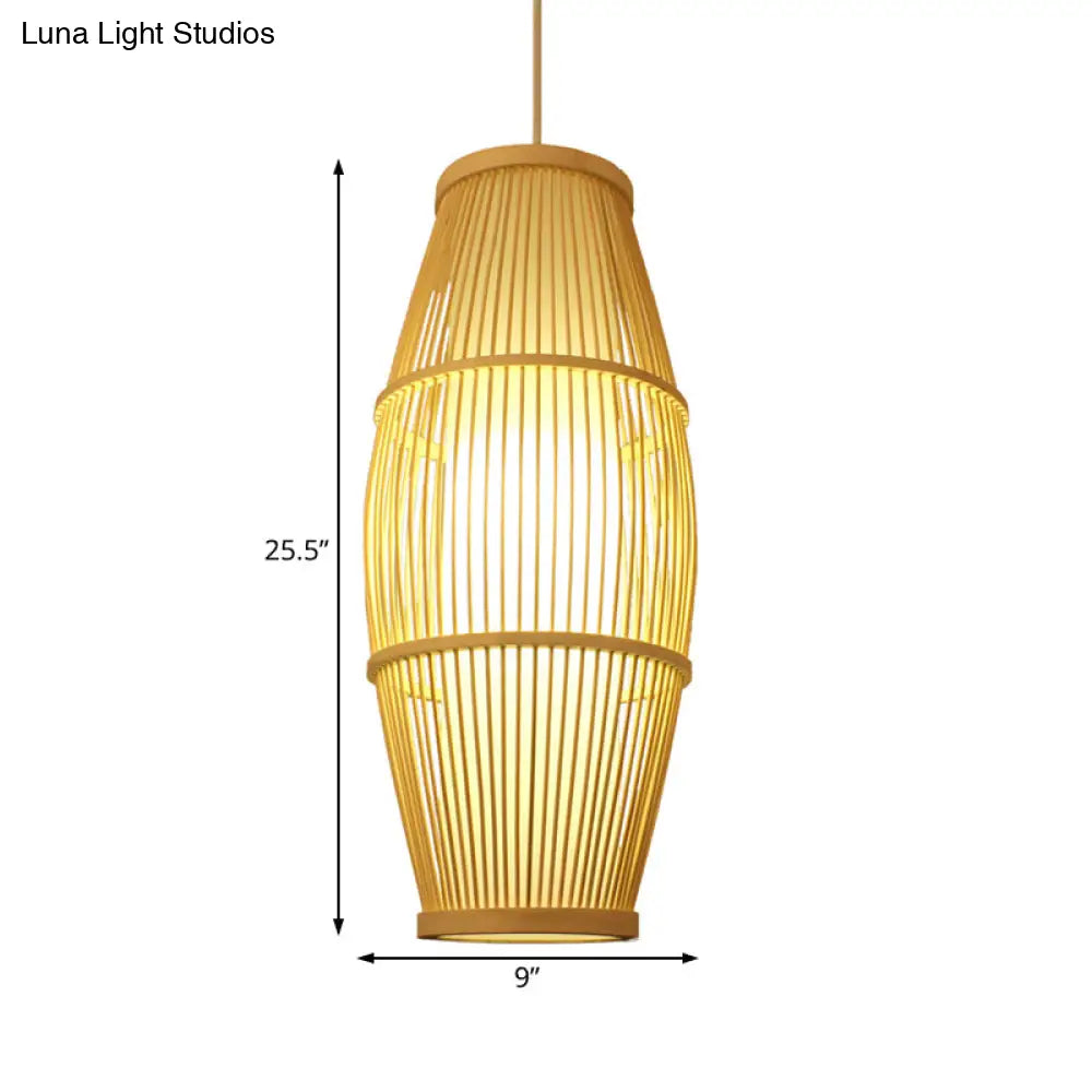 Handmade Bamboo Suspension Light: Asian Ellipse Shade For Restaurant Beige