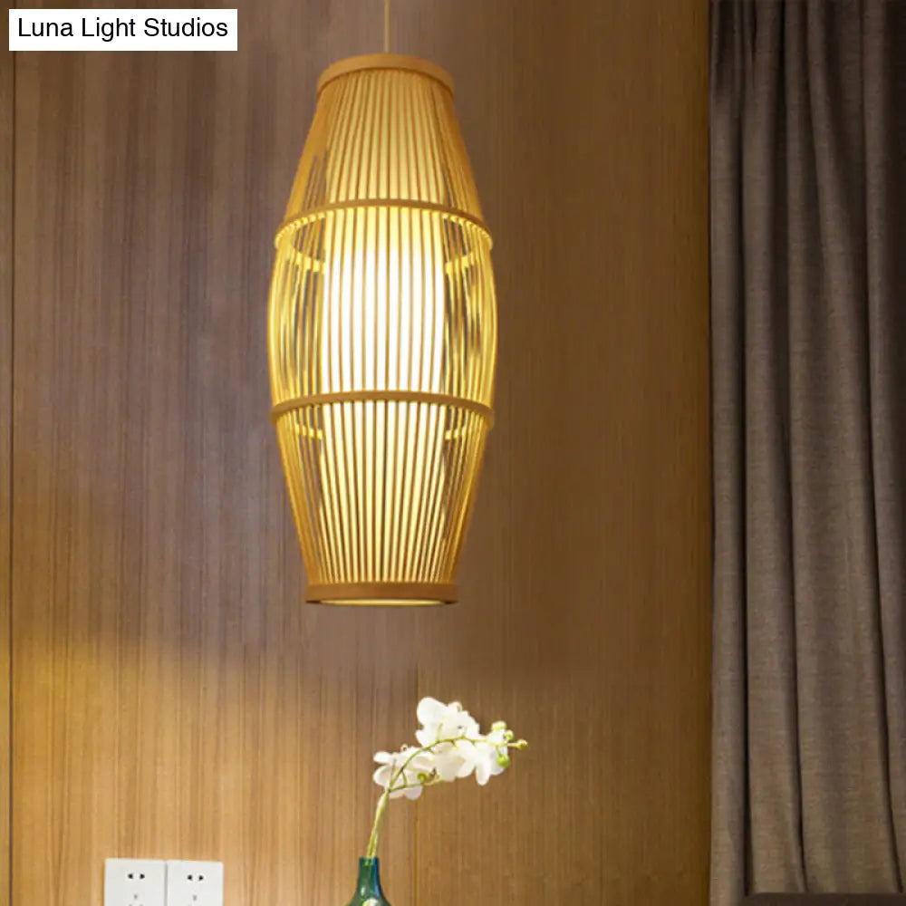 Handmade Bamboo Suspension Light: Asian Ellipse Shade For Restaurant Beige