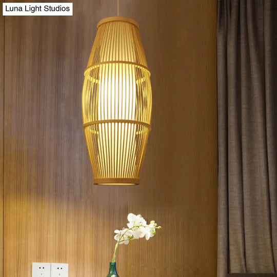 Handmade Bamboo Suspension Light: Asian Ellipse Shade For Restaurant Beige