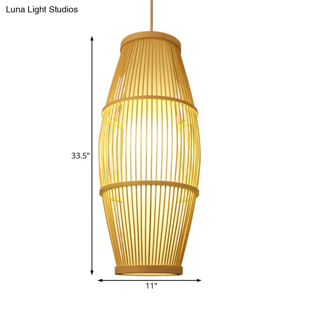 Handmade Bamboo Suspension Light: Asian Ellipse Shade For Restaurant Beige