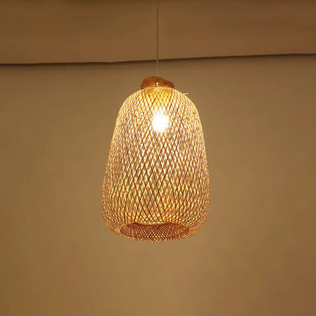 Handmade Wood Pendant Light With Bamboo Shade - Modern 1 Bulb Hanging Lamp / C