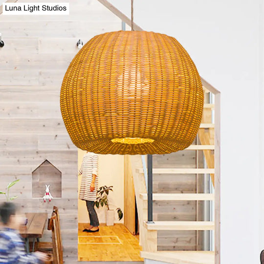 Handwoven Rattan Pendant Light For Restaurants - Contemporary Design With 1-Bulb And Beige