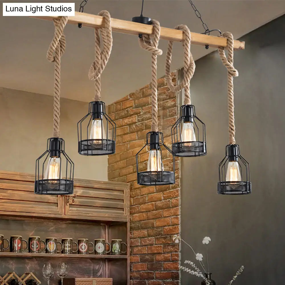 Hang-It-Out Farmhouse Pendant Lamp - Bottle Shaped Cage Design With Wood & Metal For Restaurants