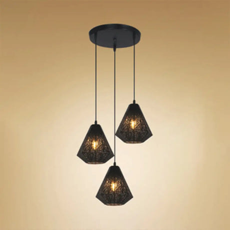 Hanging Ceiling Light Industrial Metal Pendant With Etched Black/White Diamond Design And 3 Lights