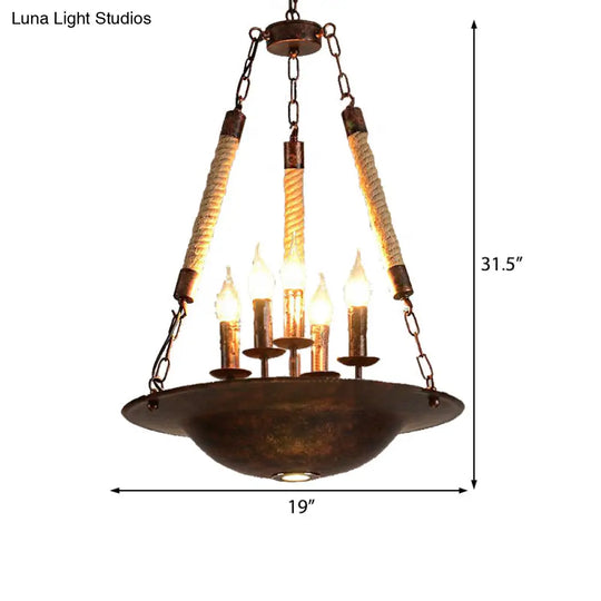 Hanging Chandelier Industrial Rust Candle Pendant Light Fixture With 5 Lights & Rope Chain
