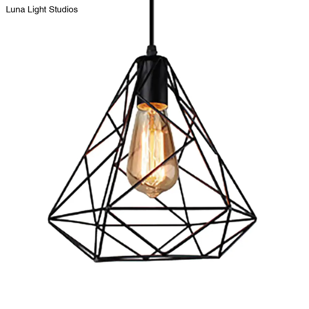 Hanging Diamond Shade Metal Kitchen Ceiling Light With Farmhouse Style And Wire Frame In Black