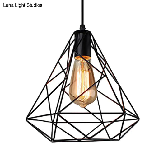 Hanging Diamond Shade Metal Kitchen Ceiling Light With Farmhouse Style And Wire Frame In Black