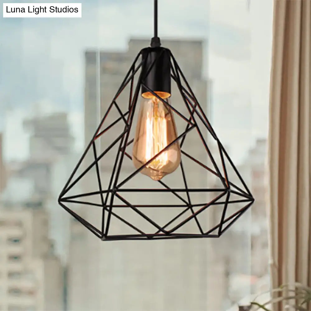 Black Metal Diamond Shade Farmhouse Kitchen Ceiling Fixture With Wire Frame