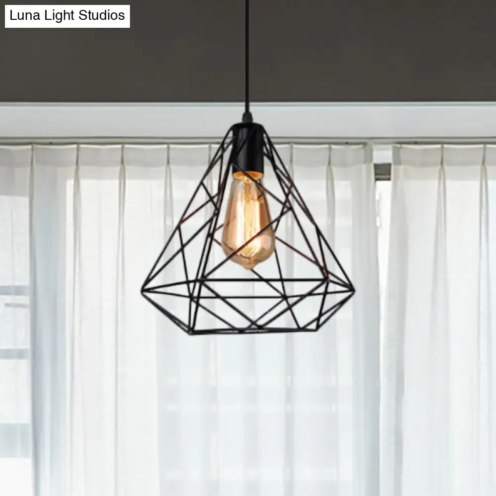 Black Metal Diamond Shade Farmhouse Kitchen Ceiling Fixture With Wire Frame