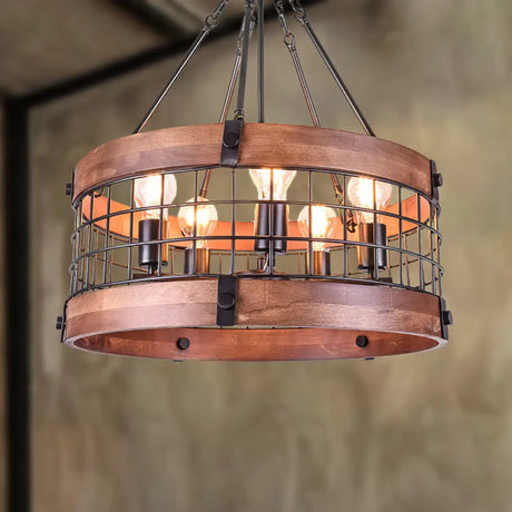 Hanging Farmhouse Suspension Lamp: Drum Metal And Wood Fixture With Mesh Screen Lodge Style Multi