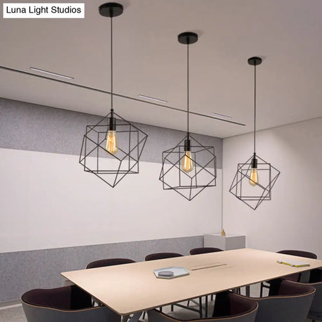 Hanging Industrial Black Metal Pendant Light - 1 Structural Cubic Design For Dining Room