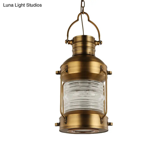 Lantern Cafe Hanging Light Kit - Industrial Iron Pendant With Clear Glass Shade In Gold 1 Bulb