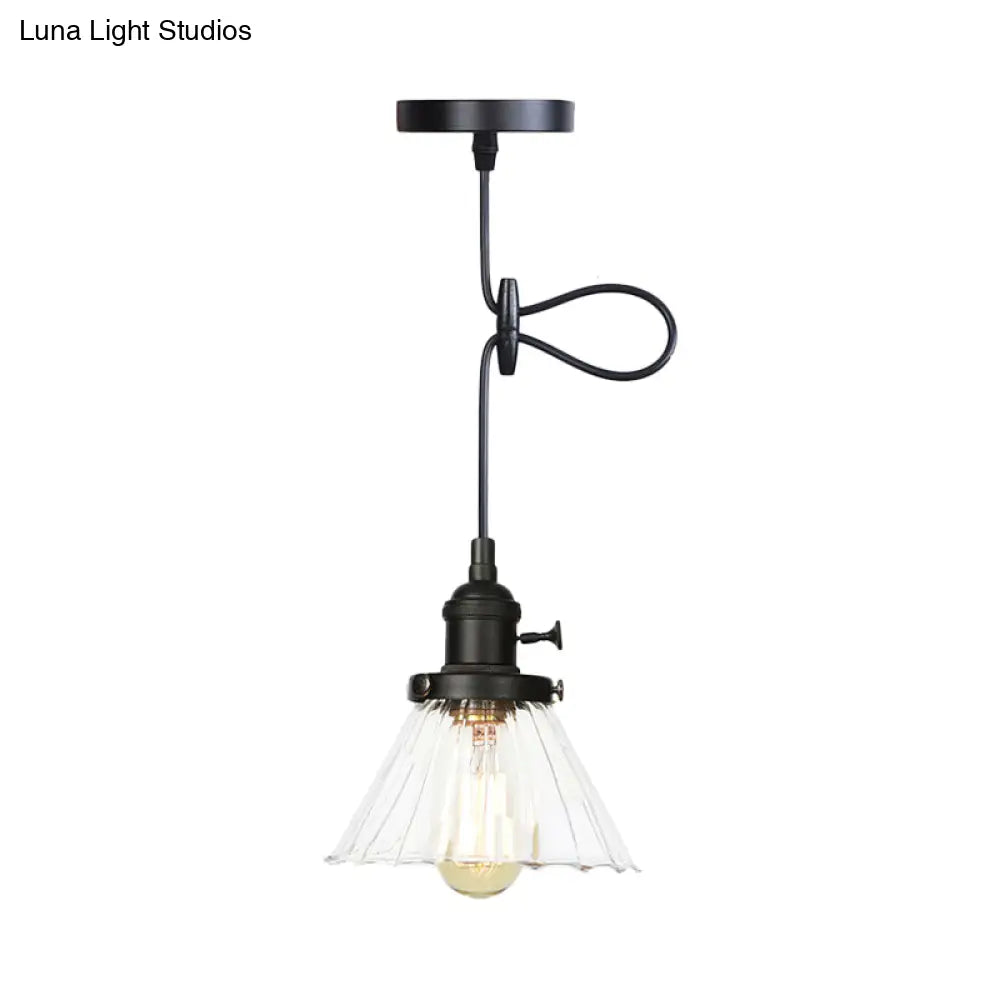 Height-Adjustable 1-Light Industrial Conic Pendant Lamp With Amber/Clear Glass For Coffee Shops -