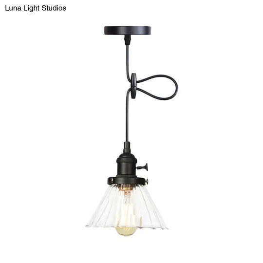 Height-Adjustable 1-Light Industrial Conic Pendant Lamp With Amber/Clear Glass For Coffee Shops -