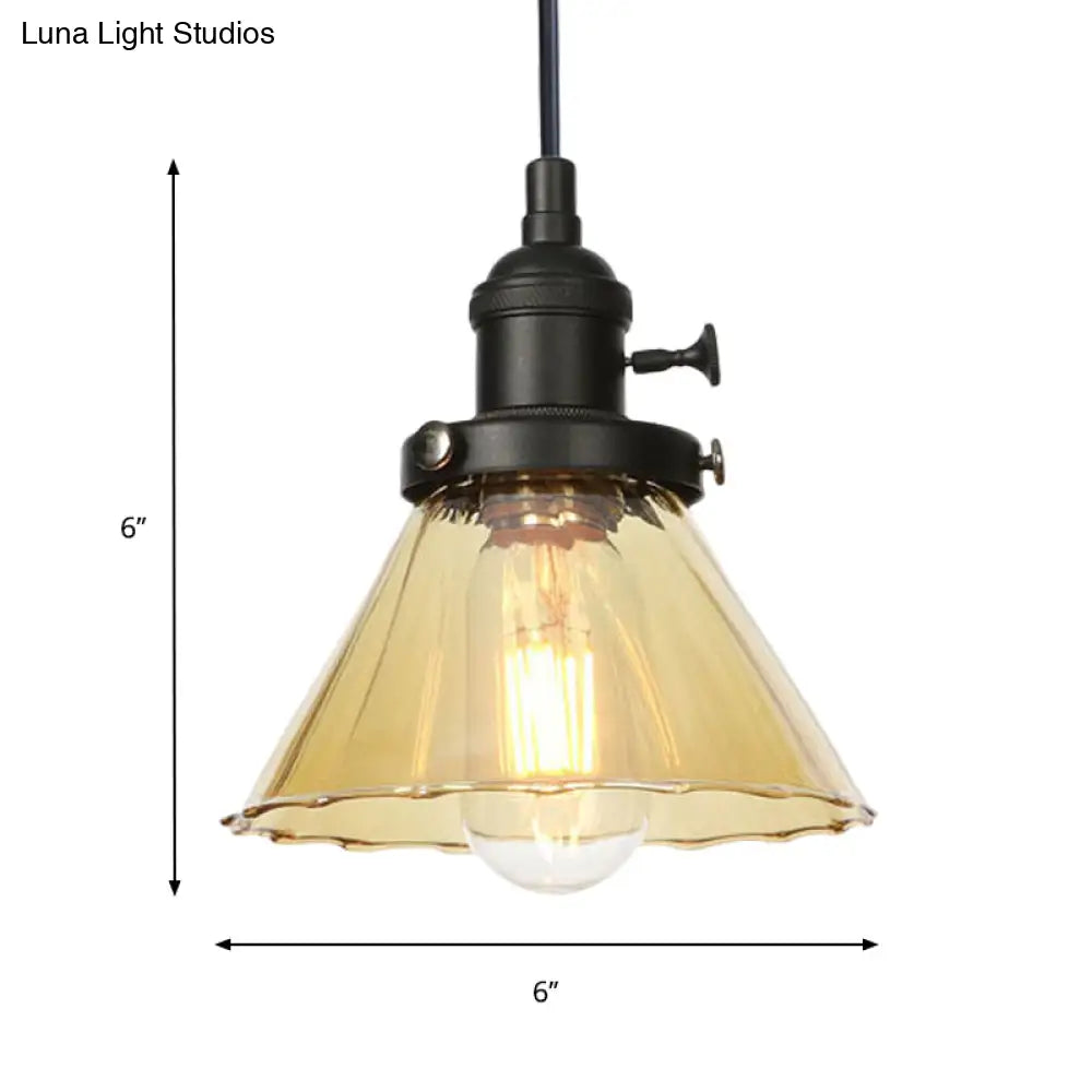 Height-Adjustable 1-Light Industrial Conic Pendant Lamp With Amber/Clear Glass For Coffee Shops -