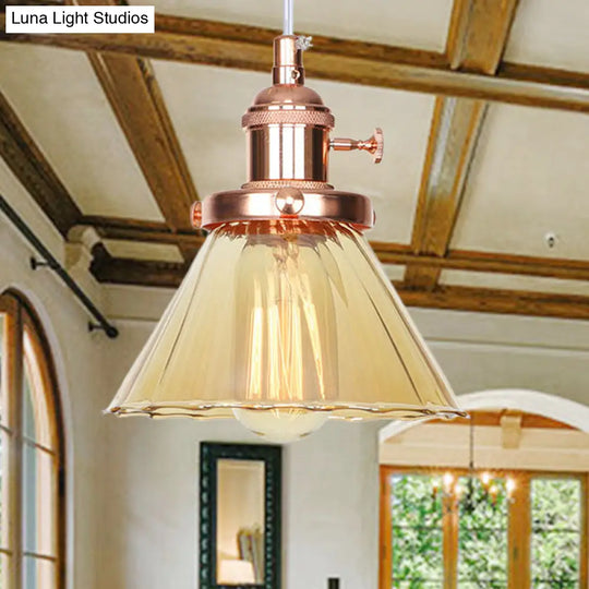 Height Adjustable Industrial Conic Hanging Lamp - Amber/Clear Glass 1-Light Pendant Lighting For