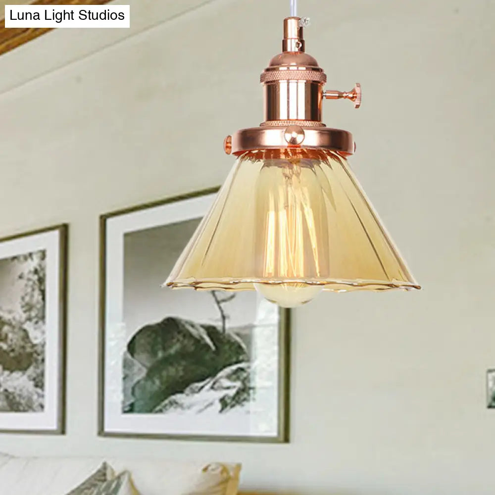 Height Adjustable Industrial Conic Hanging Lamp - Amber/Clear Glass 1-Light Pendant Lighting For