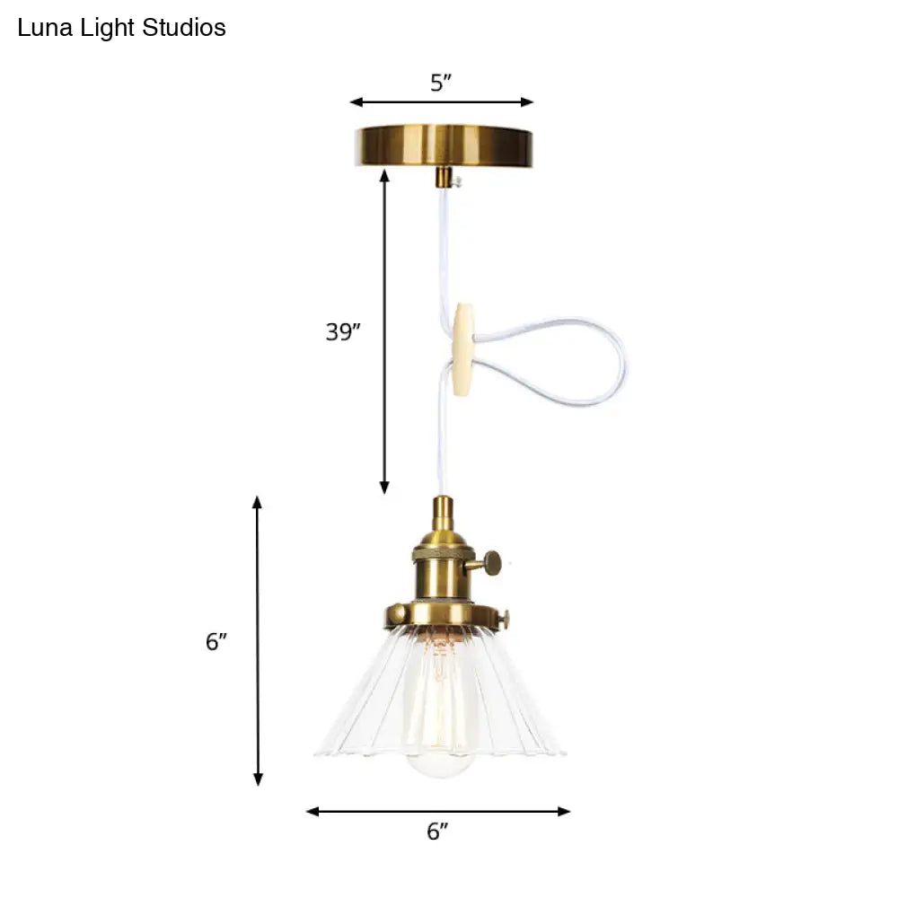 Height-Adjustable 1-Light Industrial Conic Pendant Lamp With Amber/Clear Glass For Coffee Shops -
