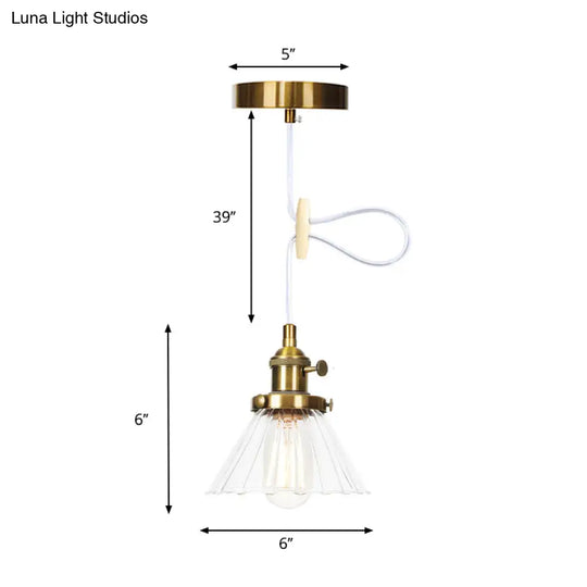 Height-Adjustable 1-Light Industrial Conic Pendant Lamp With Amber/Clear Glass For Coffee Shops -