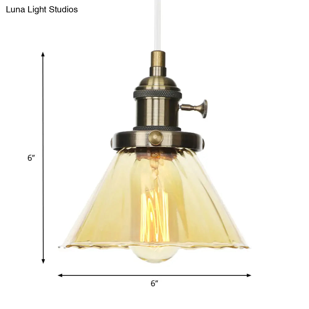 Height-Adjustable 1-Light Industrial Conic Pendant Lamp With Amber/Clear Glass For Coffee Shops -