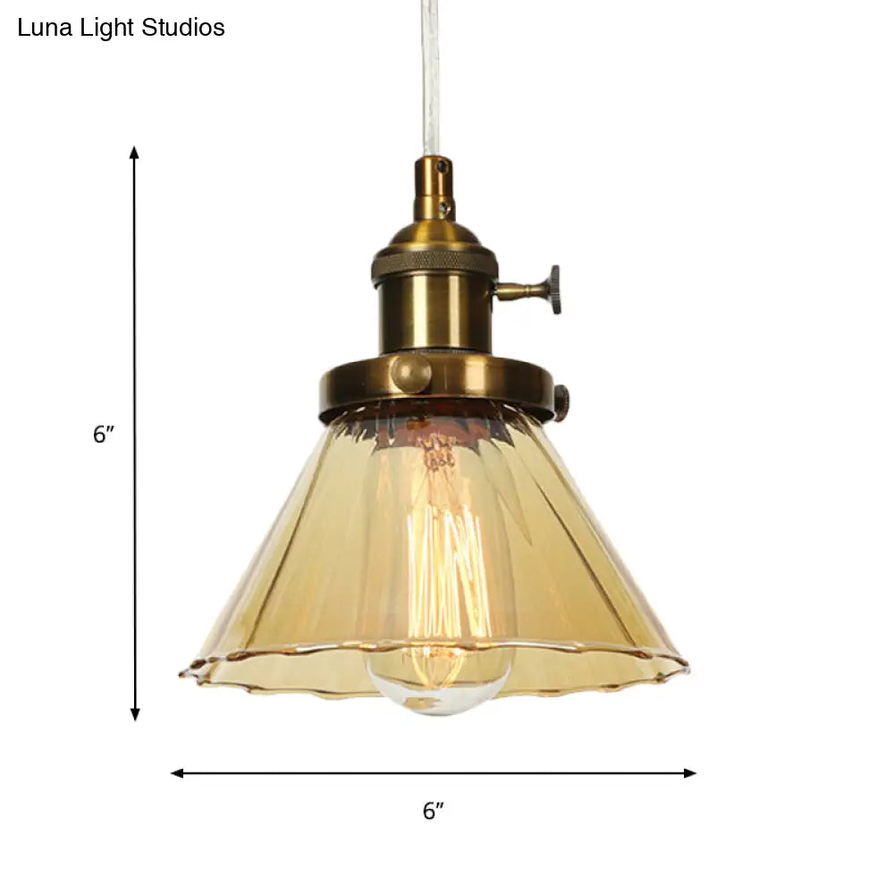 Height-Adjustable 1-Light Industrial Conic Pendant Lamp With Amber/Clear Glass For Coffee Shops -