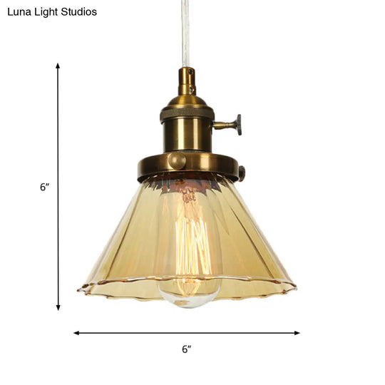 Height-Adjustable 1-Light Industrial Conic Pendant Lamp With Amber/Clear Glass For Coffee Shops -