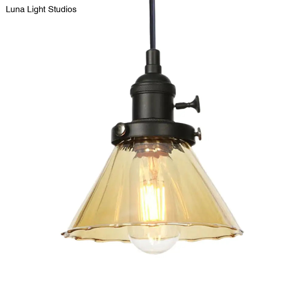 Height-Adjustable 1-Light Industrial Conic Pendant Lamp With Amber/Clear Glass For Coffee Shops -