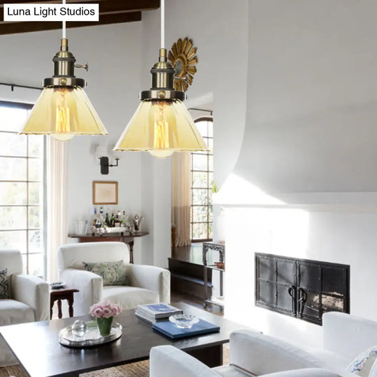 Height Adjustable Industrial Conic Hanging Lamp - Amber/Clear Glass 1-Light Pendant Lighting For