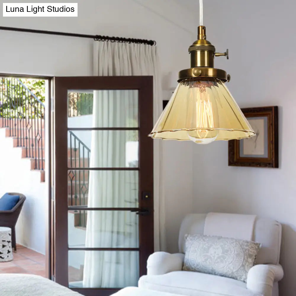Height-Adjustable 1-Light Industrial Conic Pendant Lamp With Amber/Clear Glass For Coffee Shops -