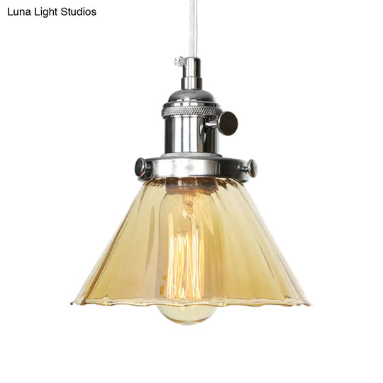 Height-Adjustable 1-Light Industrial Conic Pendant Lamp With Amber/Clear Glass For Coffee Shops -