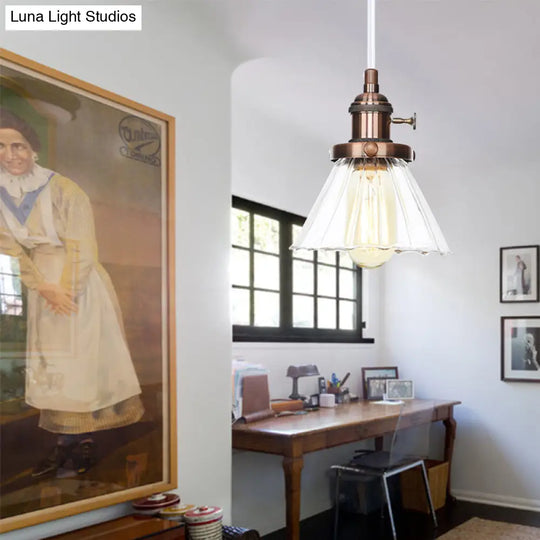 Height-Adjustable 1-Light Industrial Conic Pendant Lamp With Amber/Clear Glass For Coffee Shops -