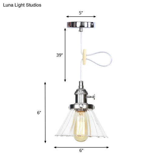 Height-Adjustable 1-Light Industrial Conic Pendant Lamp With Amber/Clear Glass For Coffee Shops -