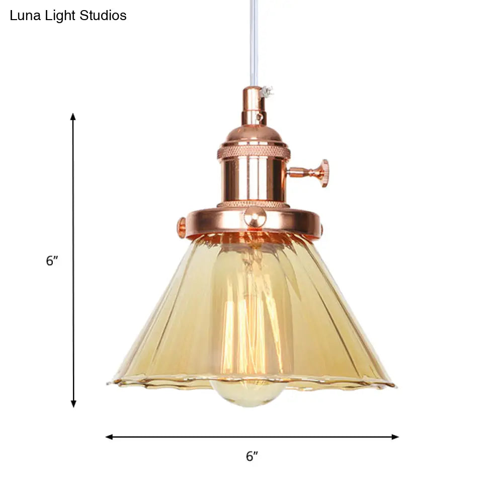 Height-Adjustable 1-Light Industrial Conic Pendant Lamp With Amber/Clear Glass For Coffee Shops -