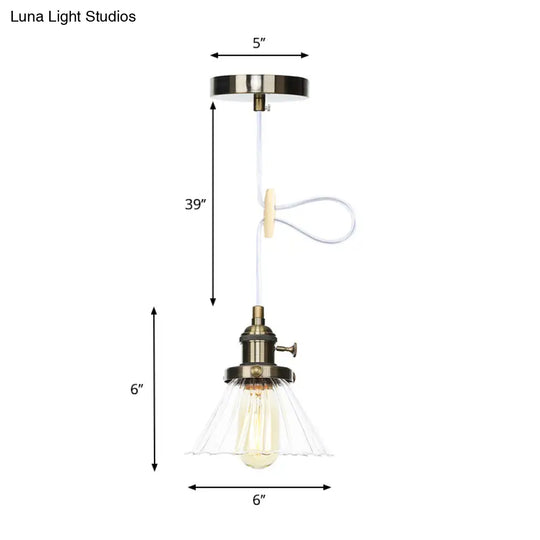 Height-Adjustable 1-Light Industrial Conic Pendant Lamp With Amber/Clear Glass For Coffee Shops -