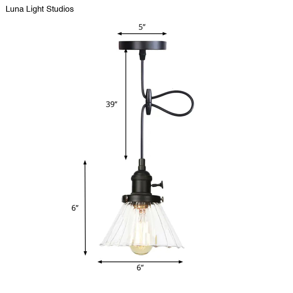 Height-Adjustable 1-Light Industrial Conic Pendant Lamp With Amber/Clear Glass For Coffee Shops -