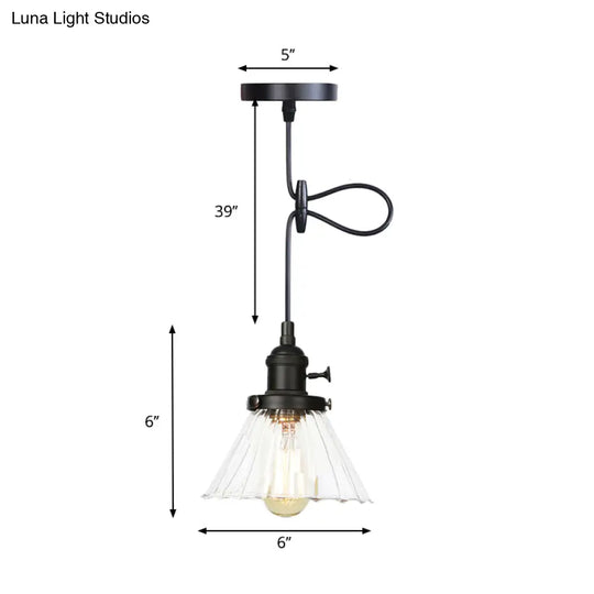 Height-Adjustable 1-Light Industrial Conic Pendant Lamp With Amber/Clear Glass For Coffee Shops -