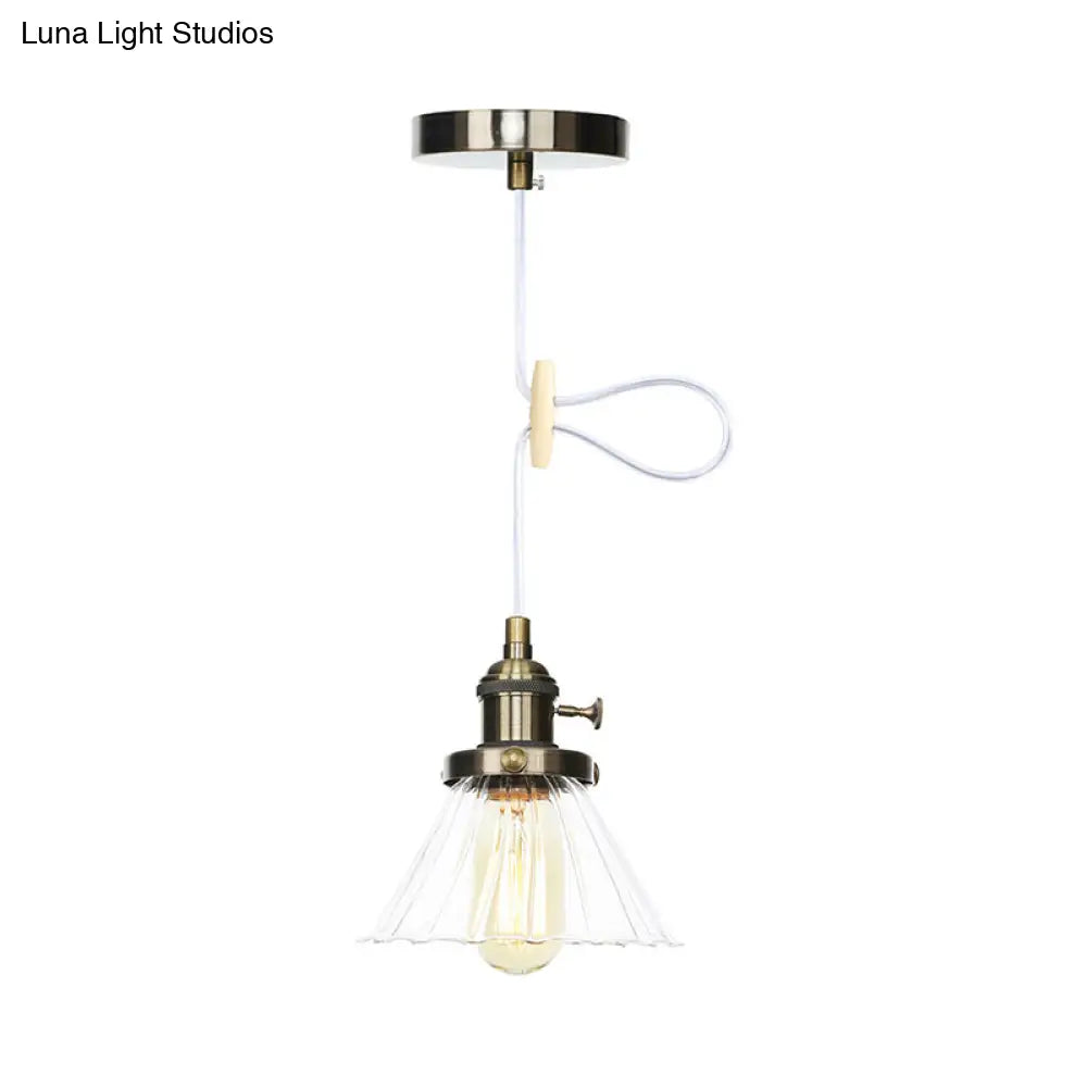 Height-Adjustable 1-Light Industrial Conic Pendant Lamp With Amber/Clear Glass For Coffee Shops -
