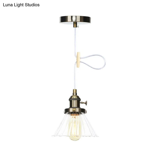 Height-Adjustable 1-Light Industrial Conic Pendant Lamp With Amber/Clear Glass For Coffee Shops -