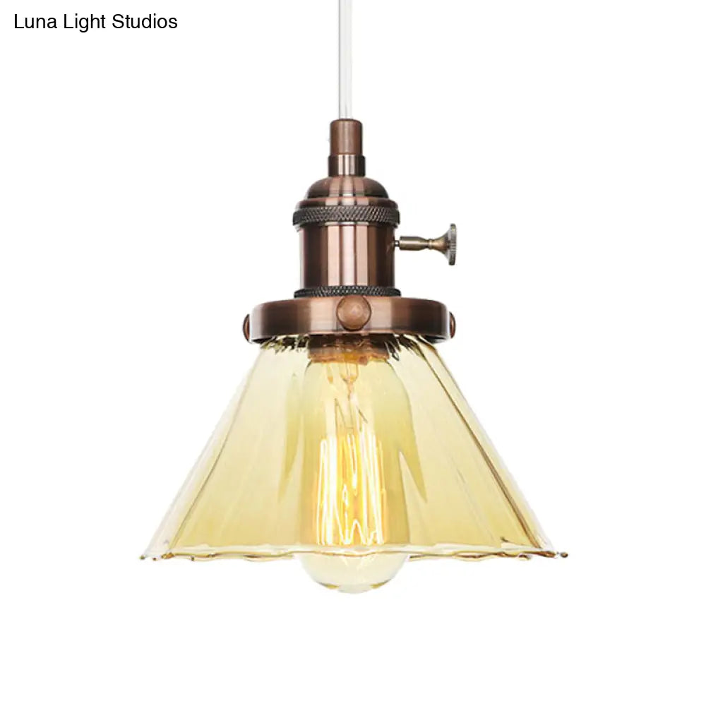 Height-Adjustable 1-Light Industrial Conic Pendant Lamp With Amber/Clear Glass For Coffee Shops -