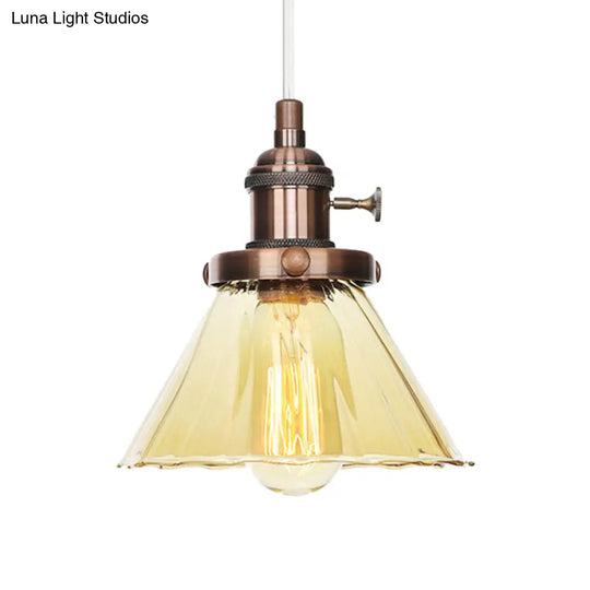 Height-Adjustable 1-Light Industrial Conic Pendant Lamp With Amber/Clear Glass For Coffee Shops -