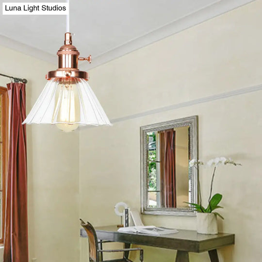 Height-Adjustable 1-Light Industrial Conic Pendant Lamp With Amber/Clear Glass For Coffee Shops -
